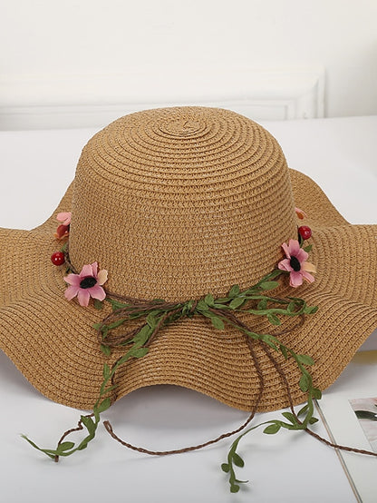 Women's Hat Straw Hat Sun Hat White Blue Khaki Lawn Festival Bow Print Flower Portable Windproof Breathable - LuckyFash™
