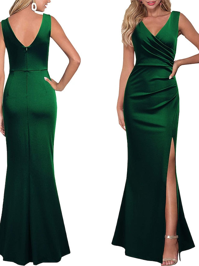 Formal Party Dress Sheath Dress Long Dress Maxi Dress Black Wine Red Sleeveless Pure Color Split Spring Summer V Neck Slim  S M L XL XXL for Women - LuckyFash™