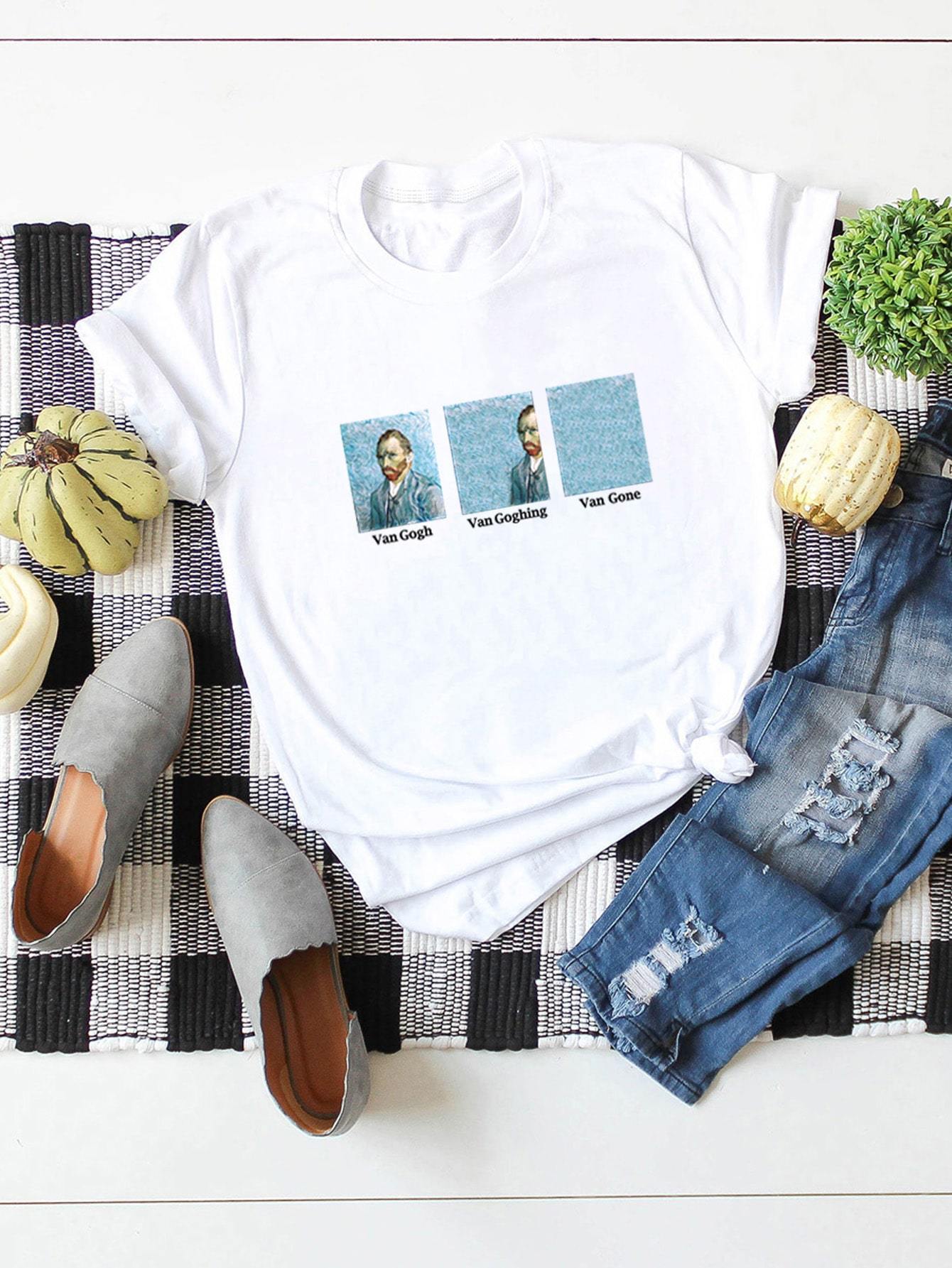 Figure And Letter Print Tee - LuckyFash™