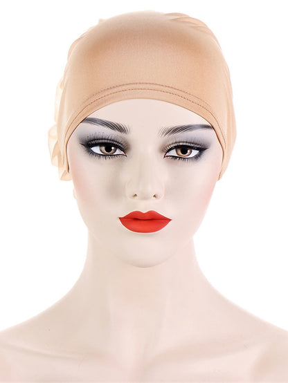 Women Solid Color Back Big Flower New Turban Muslim Hijab Caps Satin Flowers Arab Wrap Inner Hijabs Bonnet Hat Headdress - LuckyFash™