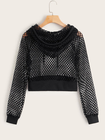 Fishnet Drawstring Hooded Sweatshirt - LuckyFash™