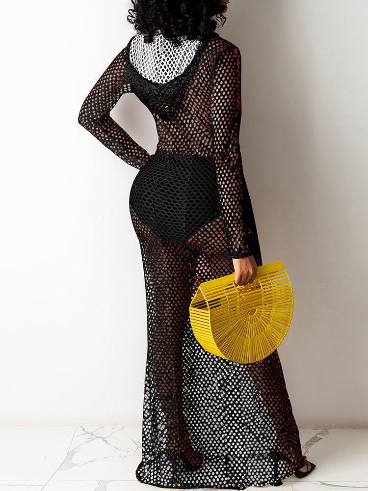 Fishnet Mesh Hollow Out Hooded Cover Up Dress - LuckyFash™