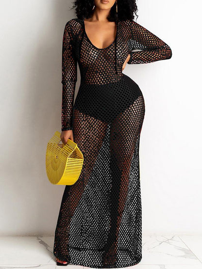 Fishnet Mesh Hollow Out Hooded Cover Up Dress - LuckyFash™