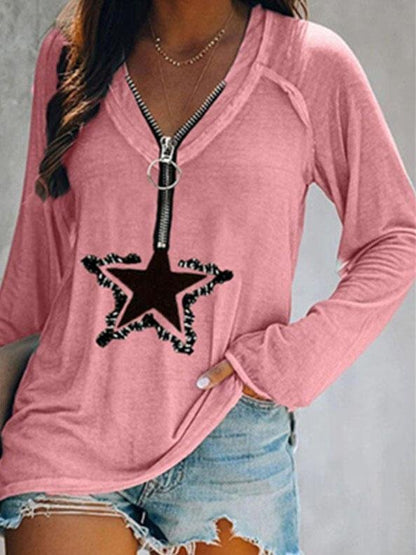 Five-pointed Star Zipper V-neck Long-sleeved T-shirt - LuckyFash™
