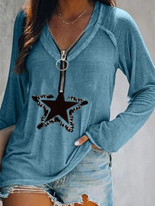Five-pointed Star Zipper V-neck Long-sleeved T-shirt - LuckyFash™