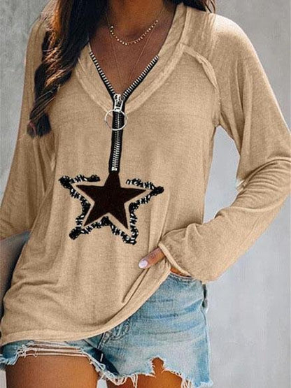 Five-pointed Star Zipper V-neck Long-sleeved T-shirt - LuckyFash™