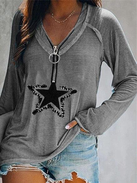 Five-pointed Star Zipper V-neck Long-sleeved T-shirt - LuckyFash™