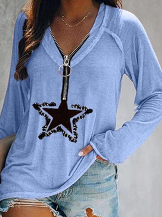 Five-pointed Star Zipper V-neck Long-sleeved T-shirt - LuckyFash™