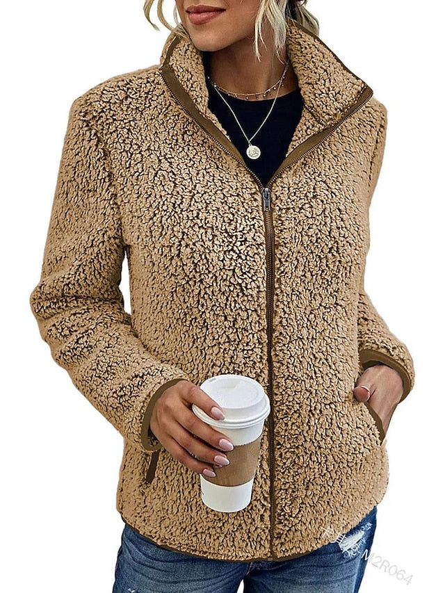 Women's Fleece Jacket Sherpa Fleece Teddy Pocket Zip Up Black Pink Navy Blue Solid Color Street V Neck Long Sleeve Fleece - LuckyFash™