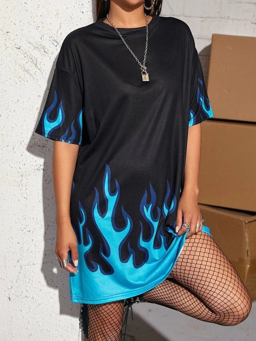 Flame Print Drop Shoulder Oversized T-shirt - LuckyFash™