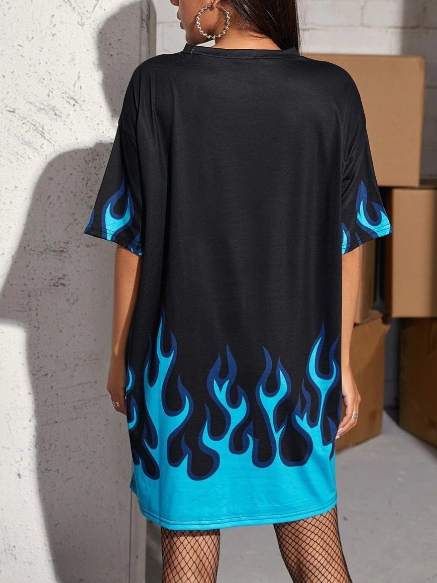 Flame Print Drop Shoulder Oversized T-shirt - LuckyFash™