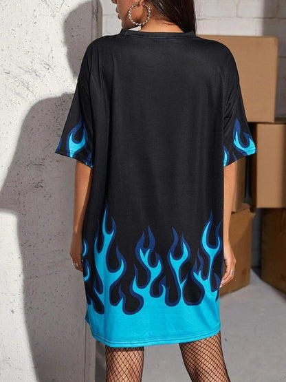 Flame Print Drop Shoulder Oversized T-shirt - LuckyFash™