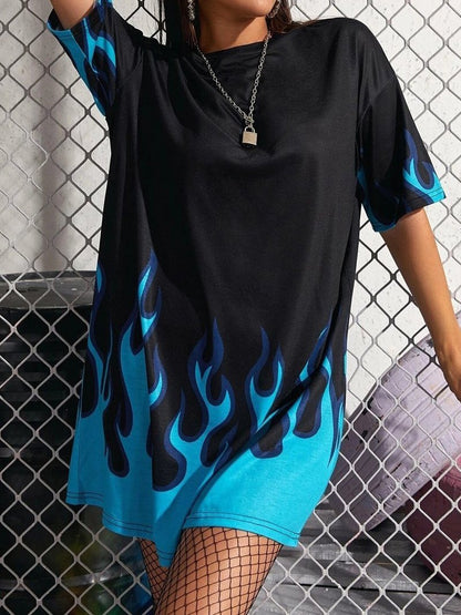 Flame Print Drop Shoulder Oversized T-shirt - LuckyFash™
