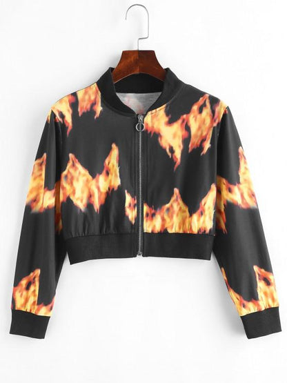 Flame Print Pull Ring Cropped Jacket - LuckyFash™