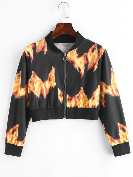 Flame Print Pull Ring Cropped Jacket - LuckyFash™