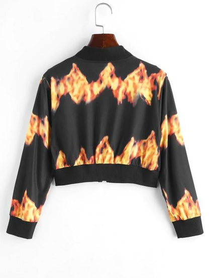 Flame Print Pull Ring Cropped Jacket - LuckyFash™
