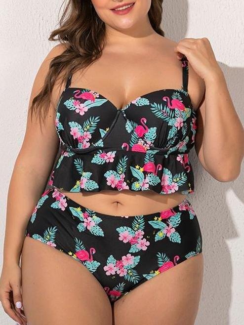 Flamingo Printed Ruffle Hem High Waist Swimsuit - LuckyFash™