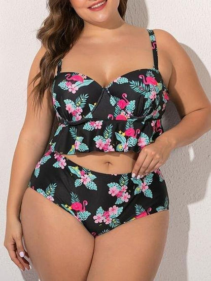 Flamingo Printed Ruffle Hem High Waist Swimsuit - LuckyFash™