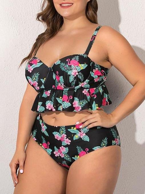 Flamingo Printed Ruffle Hem High Waist Swimsuit - LuckyFash™