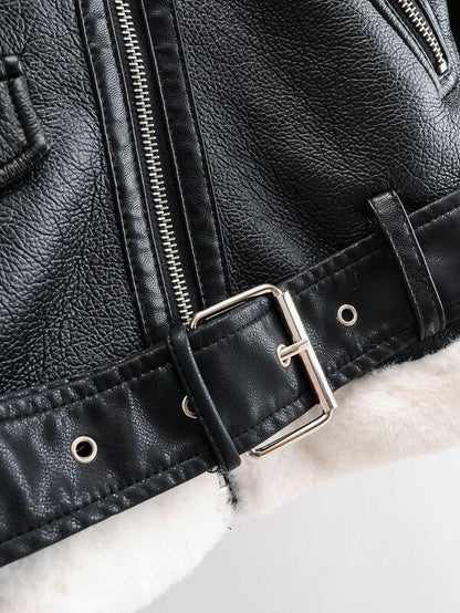 Flannel Lined Zipper PU Moto Jacket - LuckyFash™