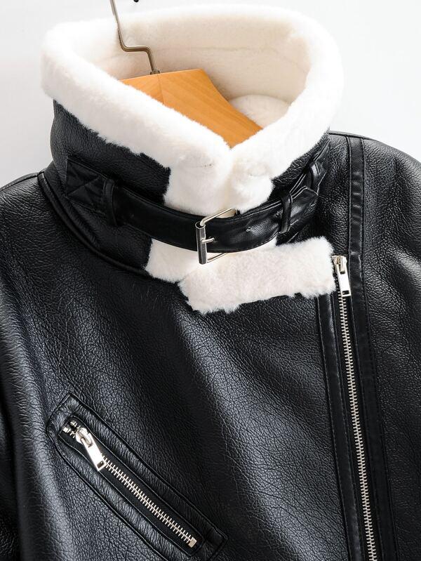 Flannel Lined Zipper PU Moto Jacket - LuckyFash™