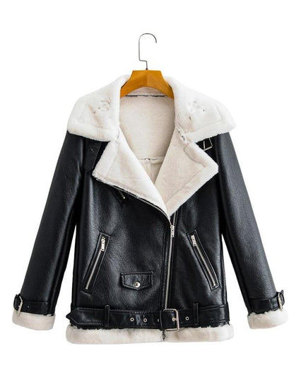 Flannel Lined Zipper PU Moto Jacket - LuckyFash™