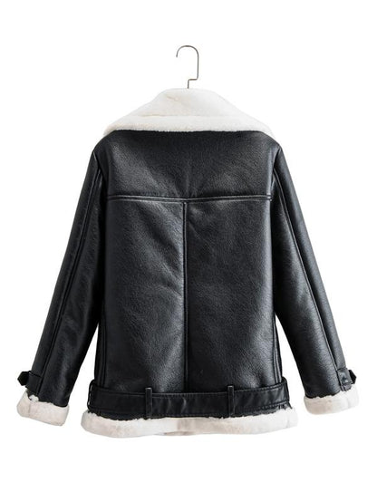 Flannel Lined Zipper PU Moto Jacket - LuckyFash™