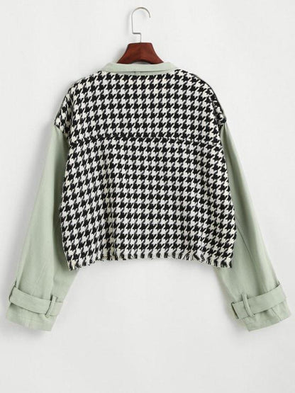 Flap Pocket Houndstooth Twill Panel Tweed Jacket - LuckyFash™