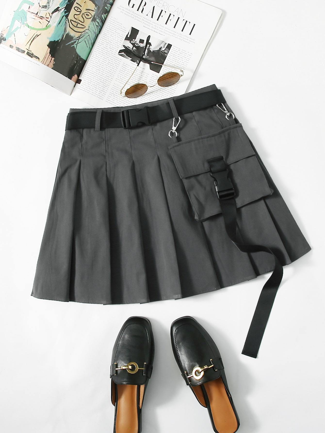 Flap Pocket Push Buckle Belted Pleated Skirt - LuckyFash™