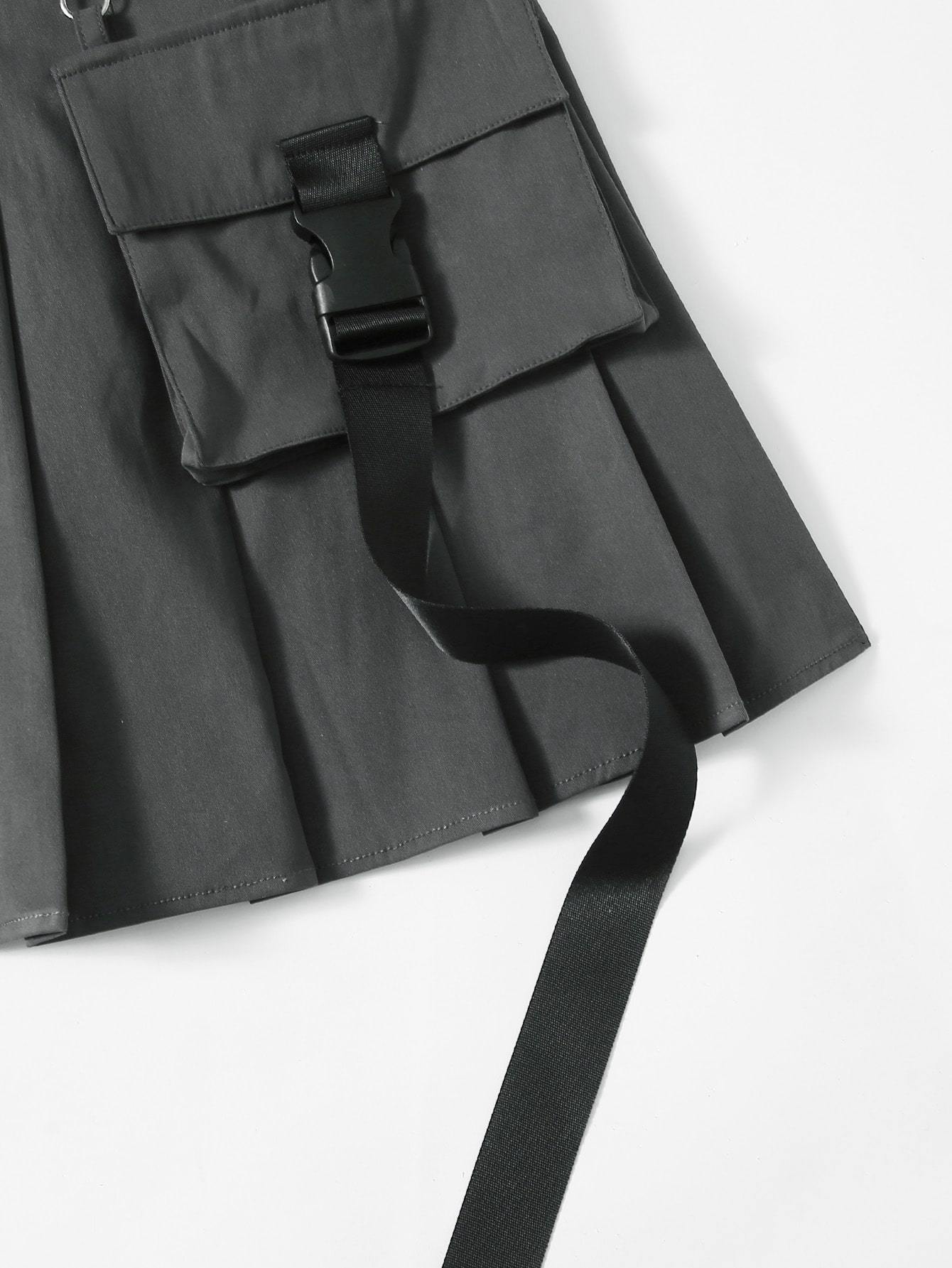 Flap Pocket Push Buckle Belted Pleated Skirt - LuckyFash™