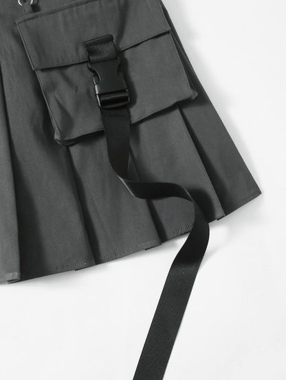 Flap Pocket Push Buckle Belted Pleated Skirt - LuckyFash™