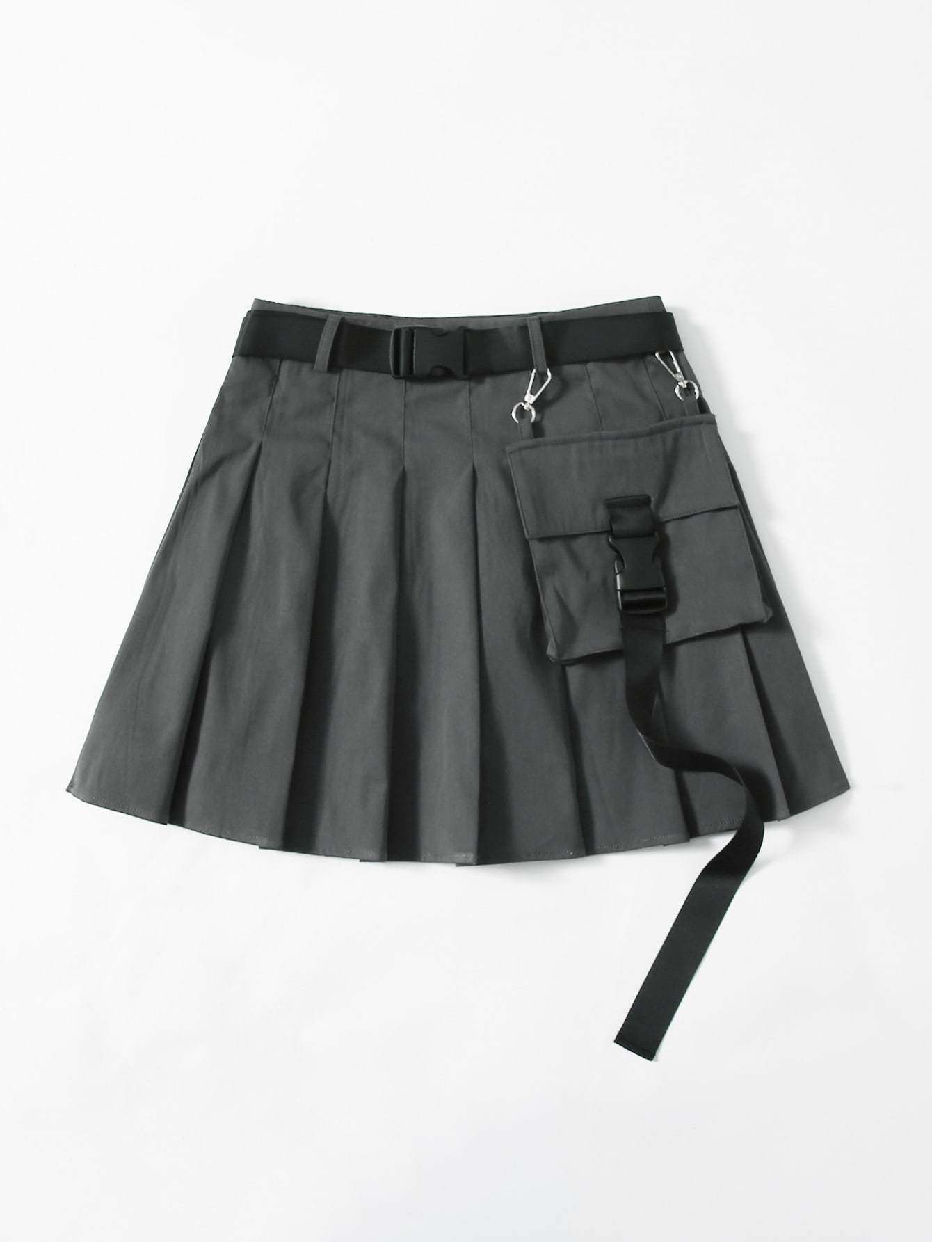 Flap Pocket Push Buckle Belted Pleated Skirt - LuckyFash™