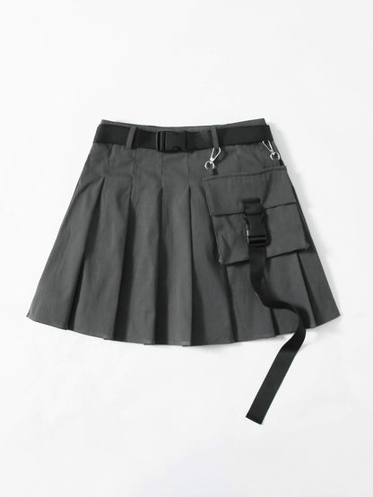 Flap Pocket Push Buckle Belted Pleated Skirt - LuckyFash™