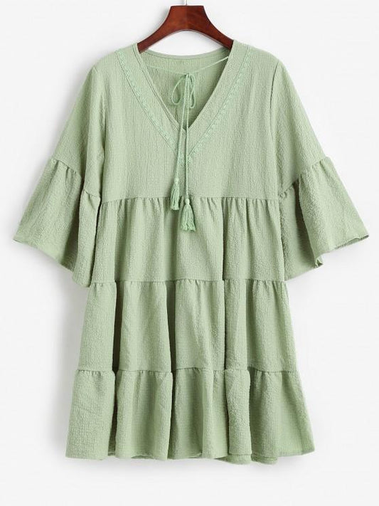 Flare Sleeve Seersucker Tiered Smock Dress - LuckyFash™