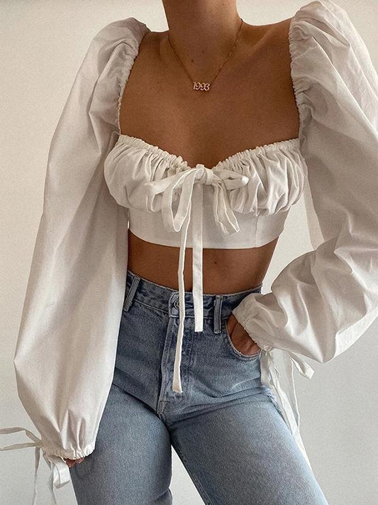 Flared Sleeve Short Navel Slim Navel Belly Blouses - LuckyFash™