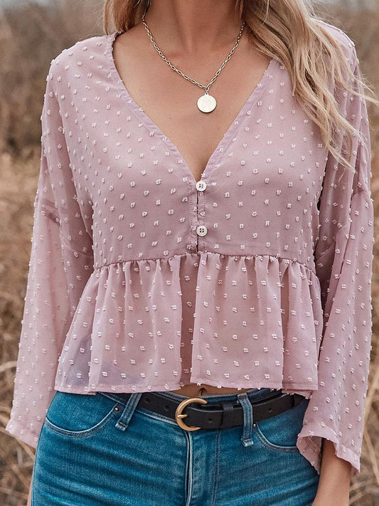 Flared Sleeve V-Neck Jacquard Blouses - LuckyFash™