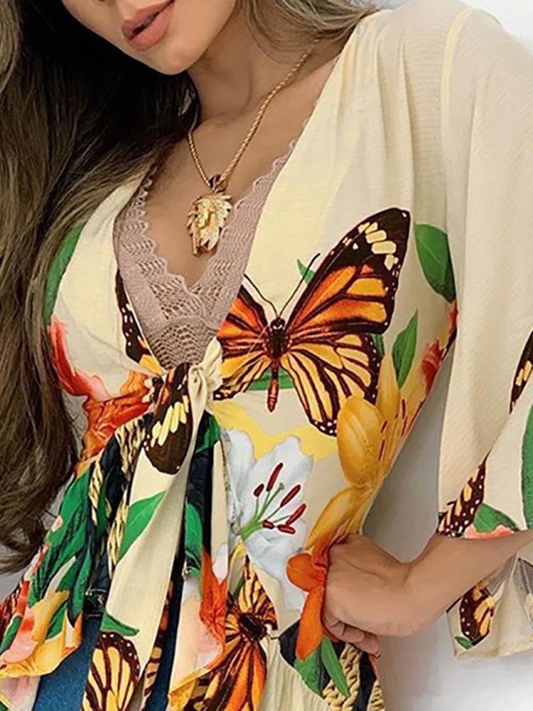 Floral Butterfly Print Bell Sleeve Knotted Ruffles Top - LuckyFash™