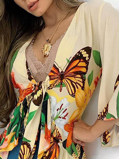 Floral Butterfly Print Bell Sleeve Knotted Ruffles Top - LuckyFash™
