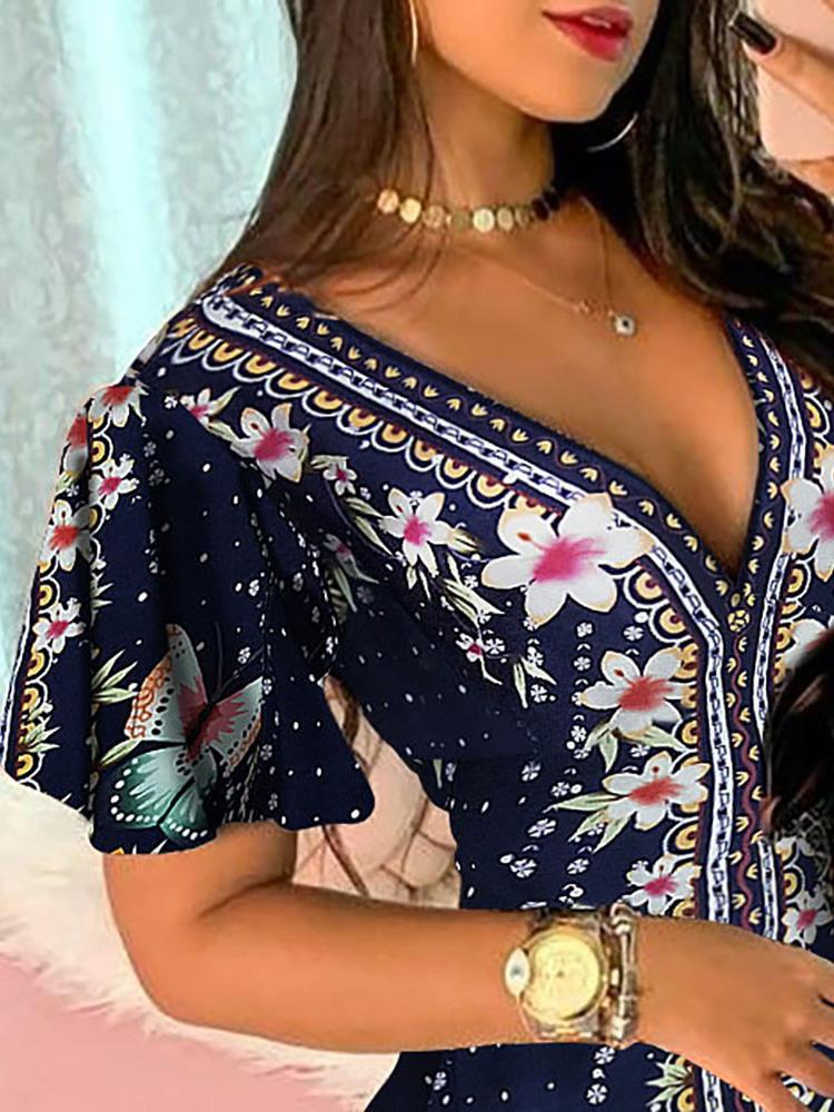 Floral Butterfly Print Ruffles Bodycon Dress - LuckyFash™