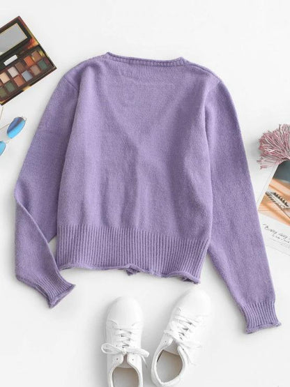 Floral Embellished Rolled Trim Cable Knit Cardigan - LuckyFash™