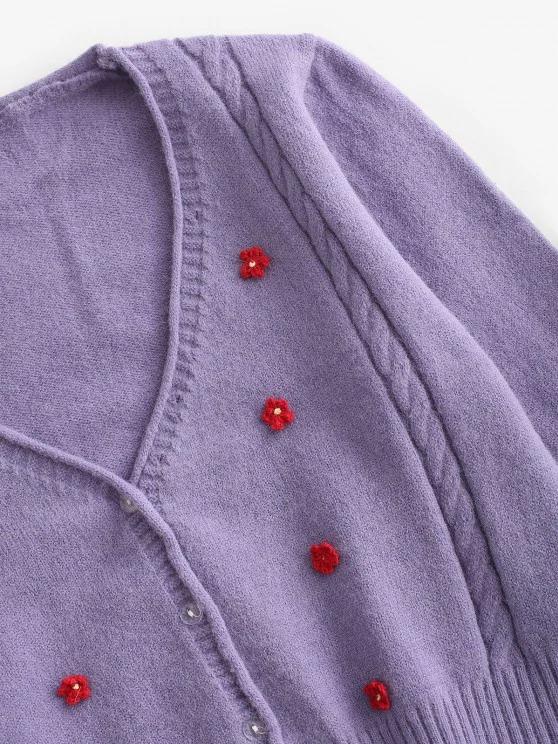 Floral Embellished Rolled Trim Cable Knit Cardigan - LuckyFash™