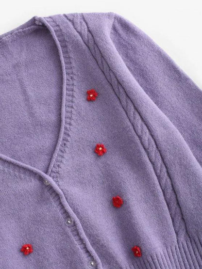 Floral Embellished Rolled Trim Cable Knit Cardigan - LuckyFash™