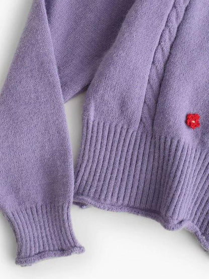 Floral Embellished Rolled Trim Cable Knit Cardigan - LuckyFash™