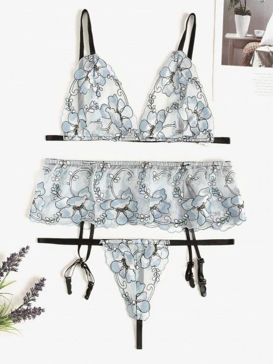 Floral Embroidered Mesh Bra and Garter Set - LuckyFash™