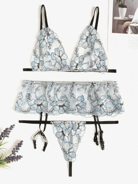 Floral Embroidered Mesh Bra and Garter Set - LuckyFash™