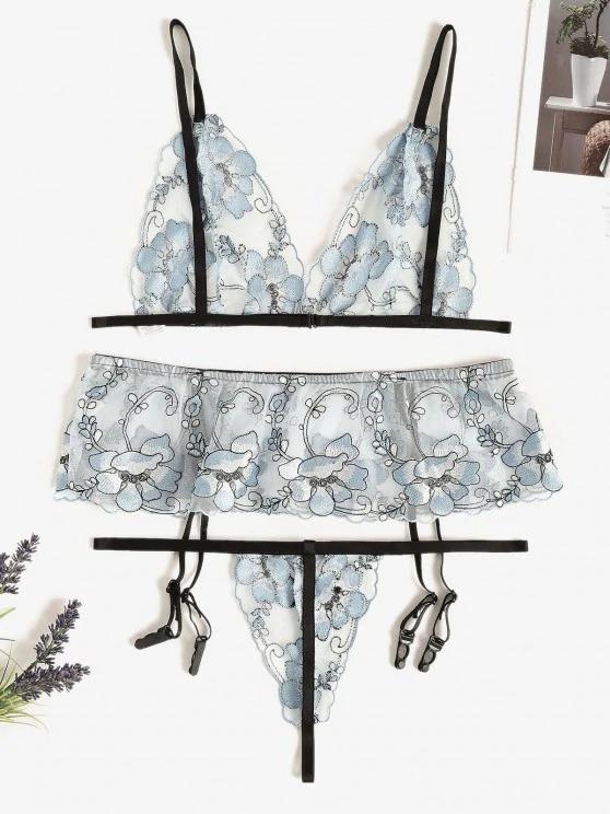 Floral Embroidered Mesh Bra and Garter Set - LuckyFash™