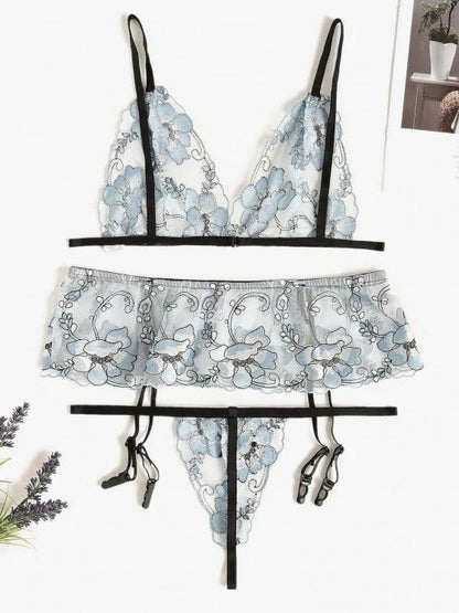 Floral Embroidered Mesh Bra and Garter Set - LuckyFash™