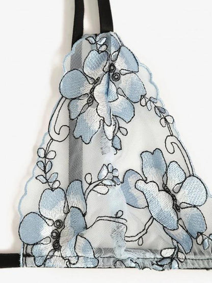 Floral Embroidered Mesh Bra and Garter Set - LuckyFash™