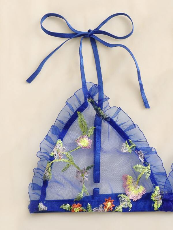 Floral Embroidered Mesh Frill Lingerie Set - LuckyFash™