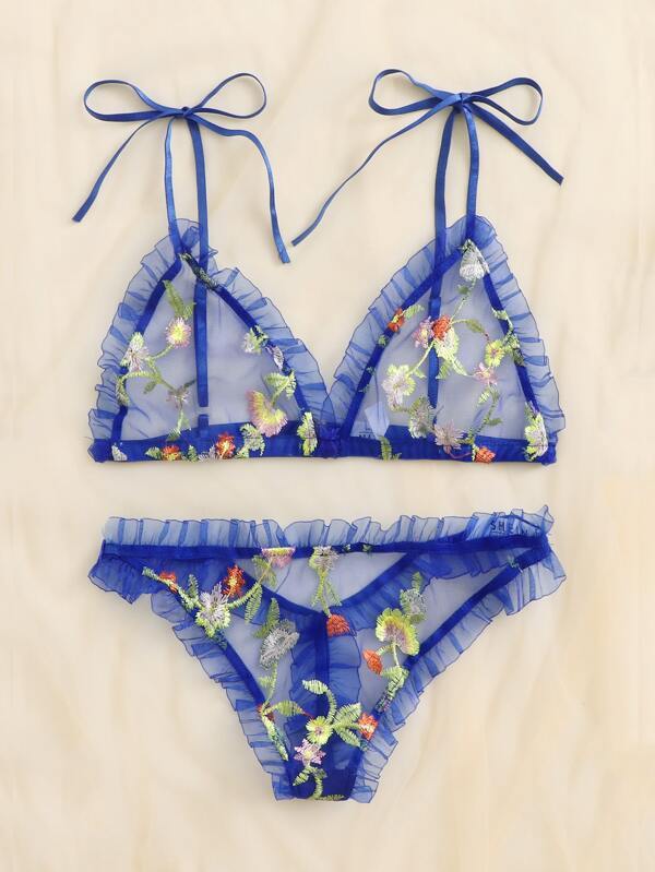 Floral Embroidered Mesh Frill Lingerie Set - LuckyFash™